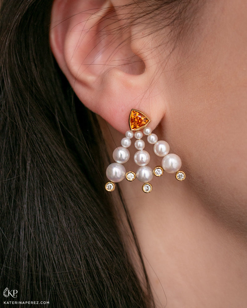 Laura-Gallon-IRIS - One-of-a-Kind Mandarin Garnet, Akoya Pearl & Diamond Earrings-Haute Color-Laura Gallon-