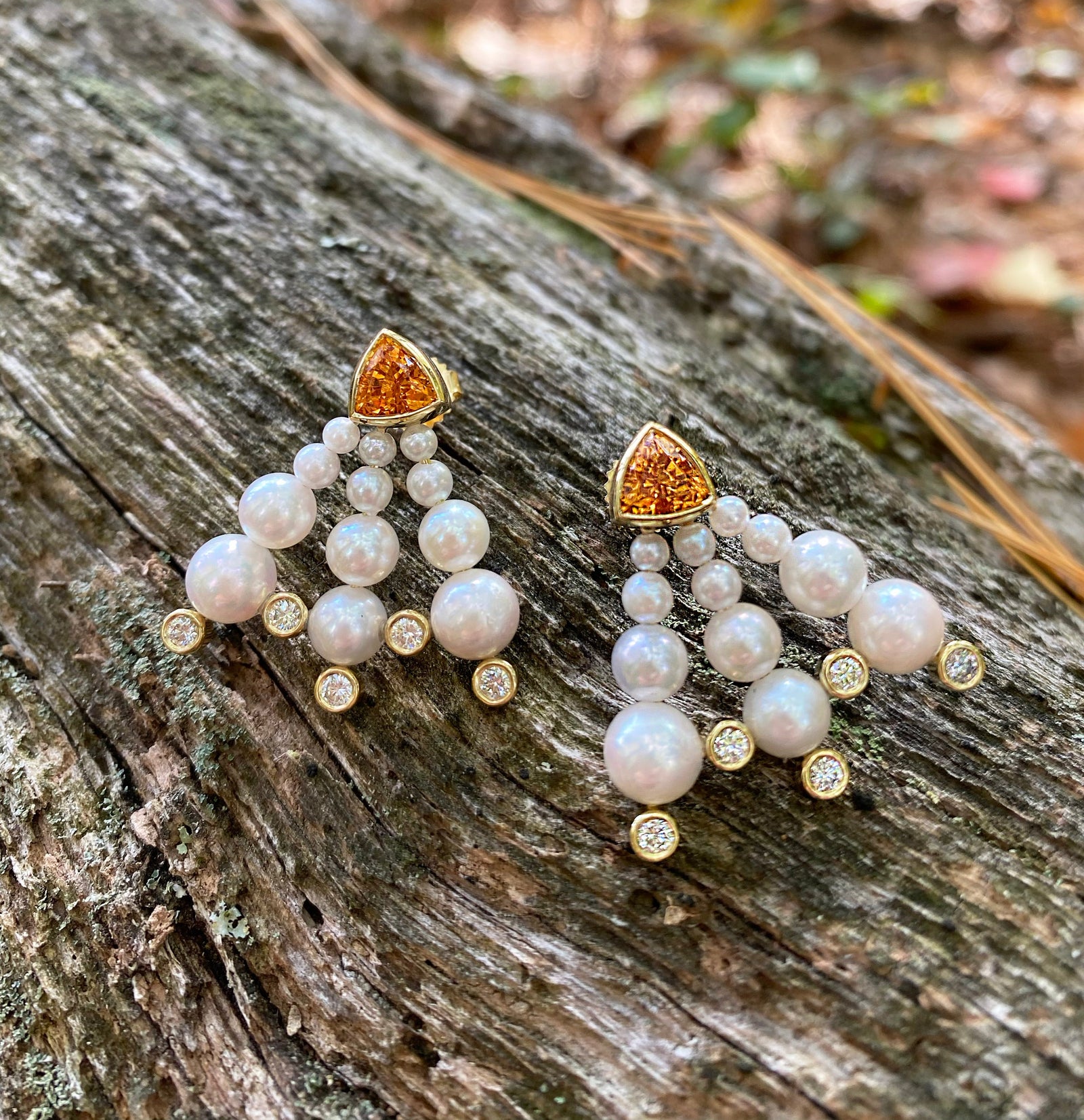 IRIS One of a Kind Mandarin Garnet Akoya Pearl Diamond Earrings Laura Gallon